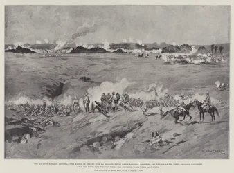 Der Vormarsch nach Dongola, die Schlacht von Ferket, die 3. Brigade unter Major Maxwell, die auf das Dorf feuert, als die drei Brigaden auf die Flussposition der Derwische zusteuerten